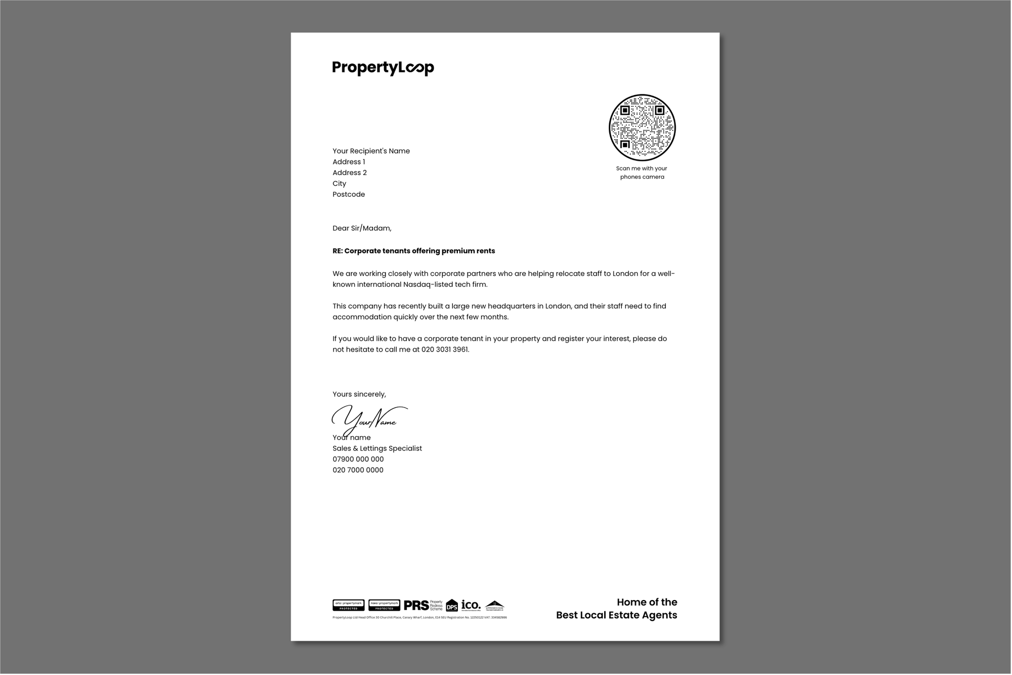 Lettings - Corporate Tenants Mailing Letter