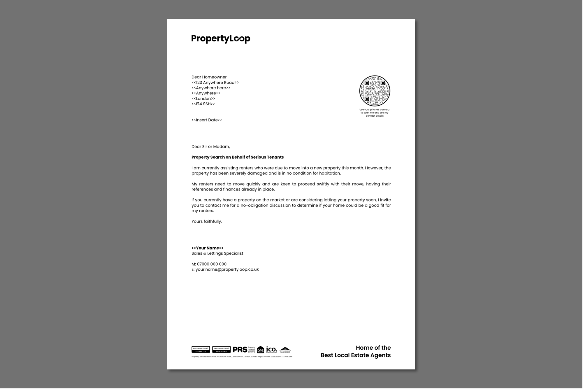 Lettings Touting Letter - Property Search on Behalf of Serious Tenants